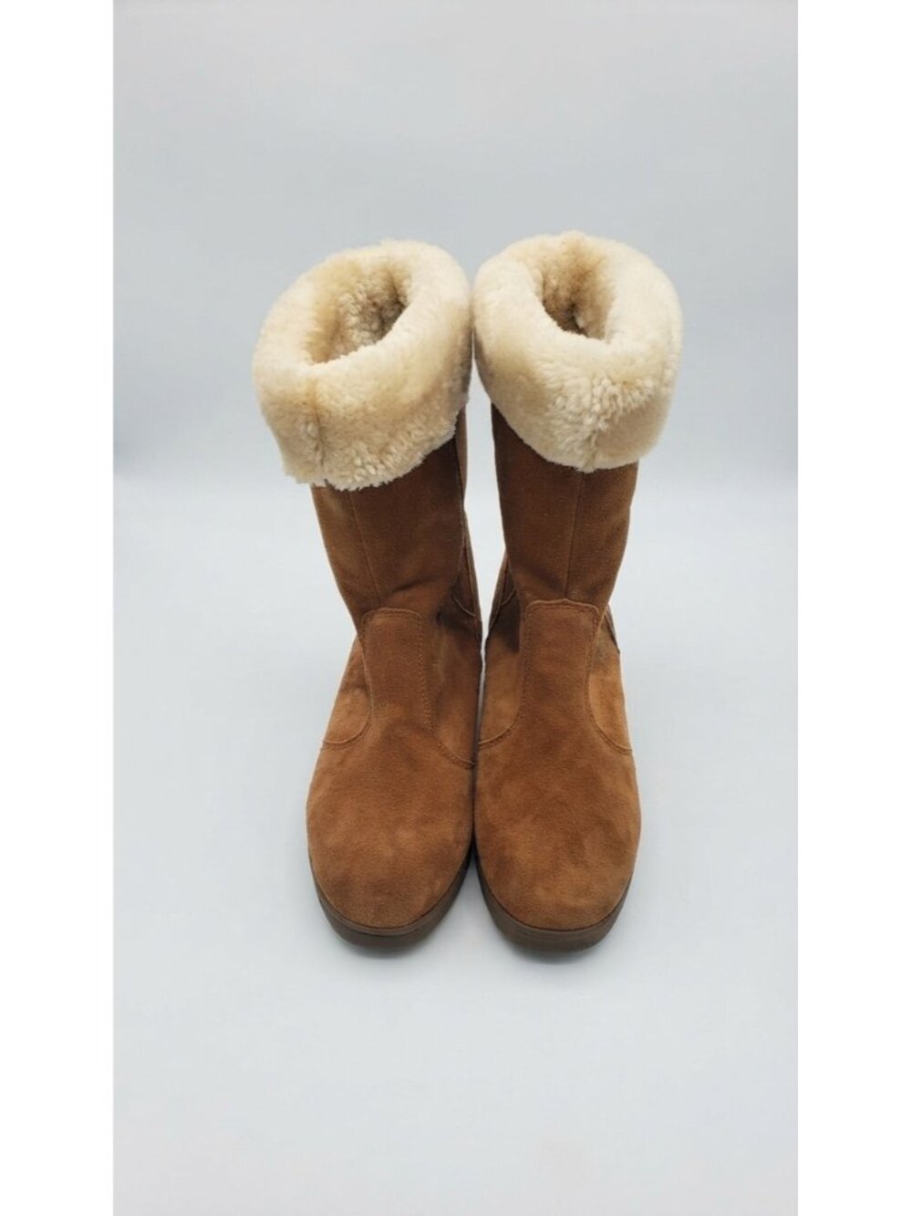 Brown Suede Faux Fur Winter Boots Mid Calf Cozy Wedge Shoes Sz 6 Plush Cuff NWOT